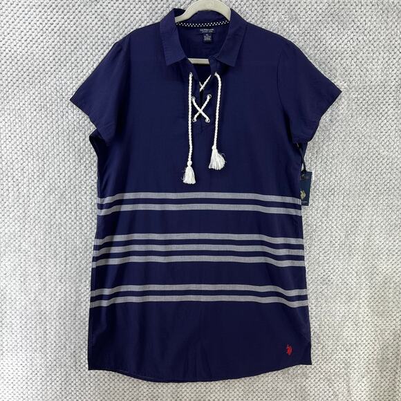 U.S. Polo ASSN Cover Up Women XL Blue Gray Striped Short Sleeves Beach New - Picture 1 of 11